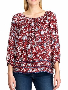 Chaps Ralph Lauren L Red Floral Boho Balloon Sleeve Peasant Tunic Blouse